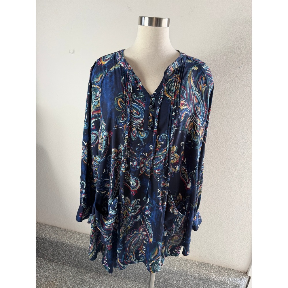Melissa McCarthy Seven7 Womens Plus 2X Navy Paisley Tunic Blouse Pintuck V Neck